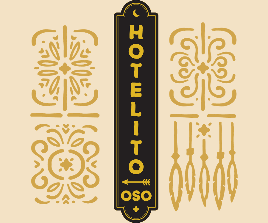 Logo for "Hotelito Oso" featuring decorative patterns in gold and black.