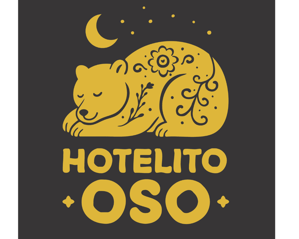 A stylized yellow bear sleeping under a crescent moon, accompanied by the text "HOTELITO OSO."