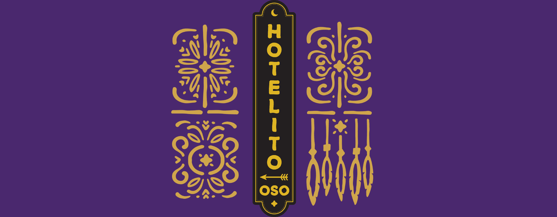 Logo design for "Hotelito Oso" featuring ornate golden patterns on a purple background.