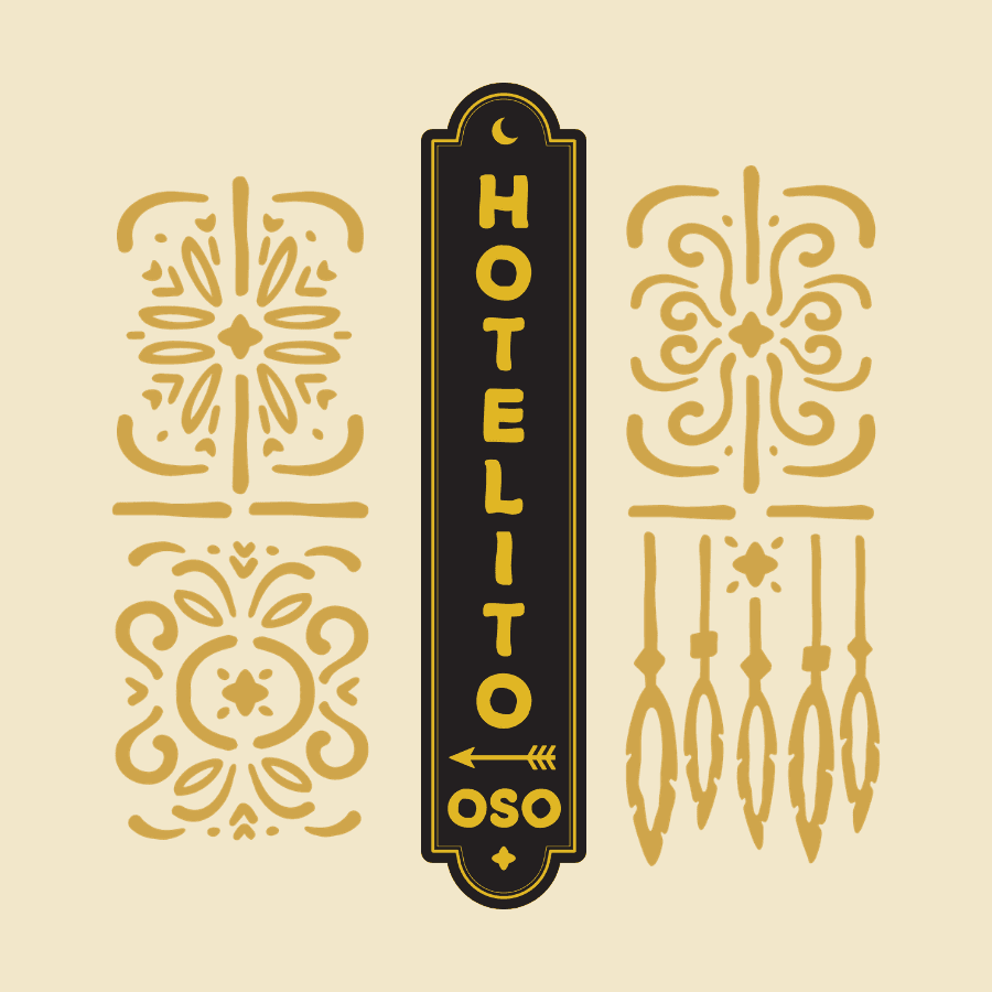Logo design for "Hotelito Oso" featuring decorative patterns in gold and black on a light background.